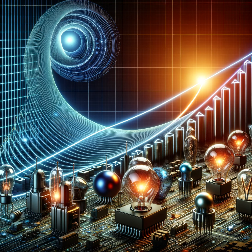DALL·E 2024-03-17 17.31.45 - Visualize Moore's Law in an abstract concept, showing a curve exponentially rising from left to right on a graph. The background is filled with various bulbs and a circuit board