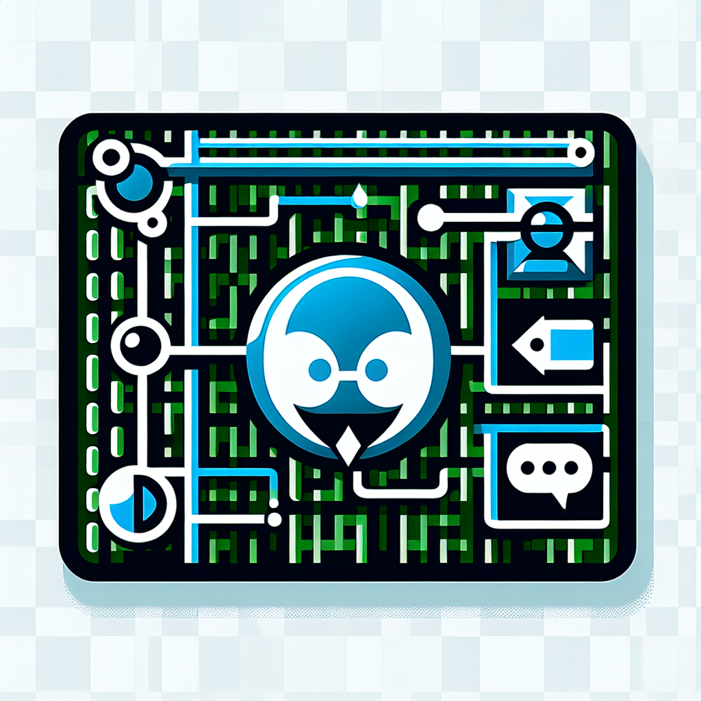 circuit board with weird Drupal logo in the middle, chat bubble, and other icons