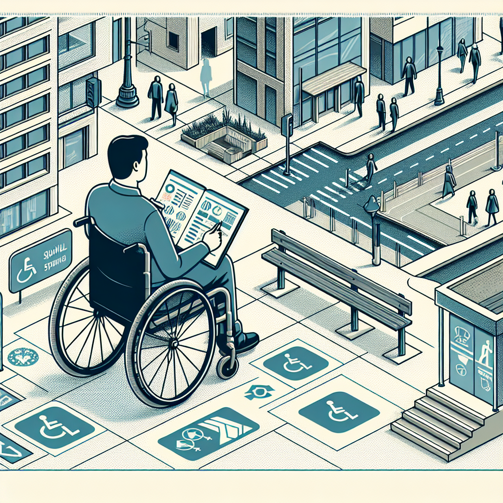 Illustration of a person in a wheelchair using a tablet in an urban setting.