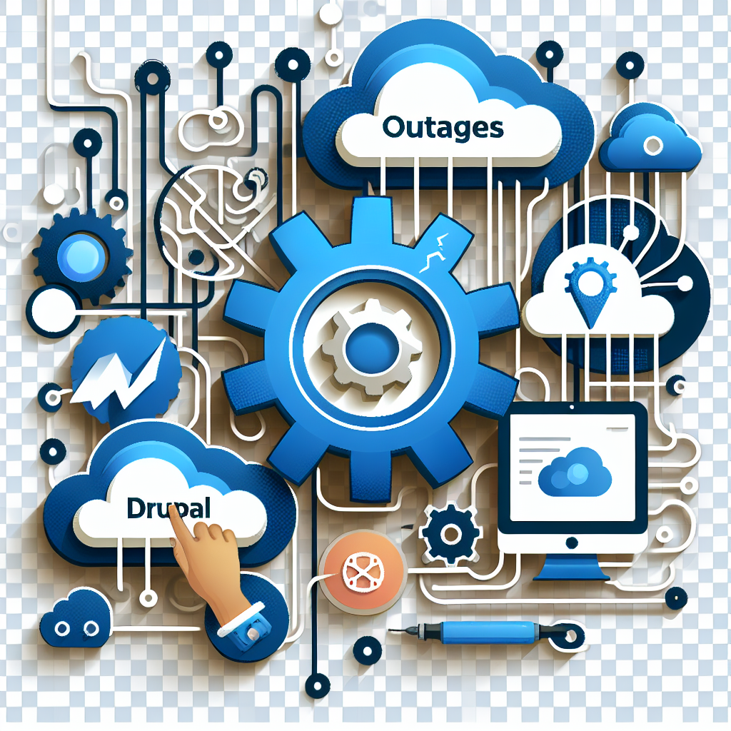 Graphic of blue gears, clouds, circuits, and icons, with words "Drupal" and "Outages."