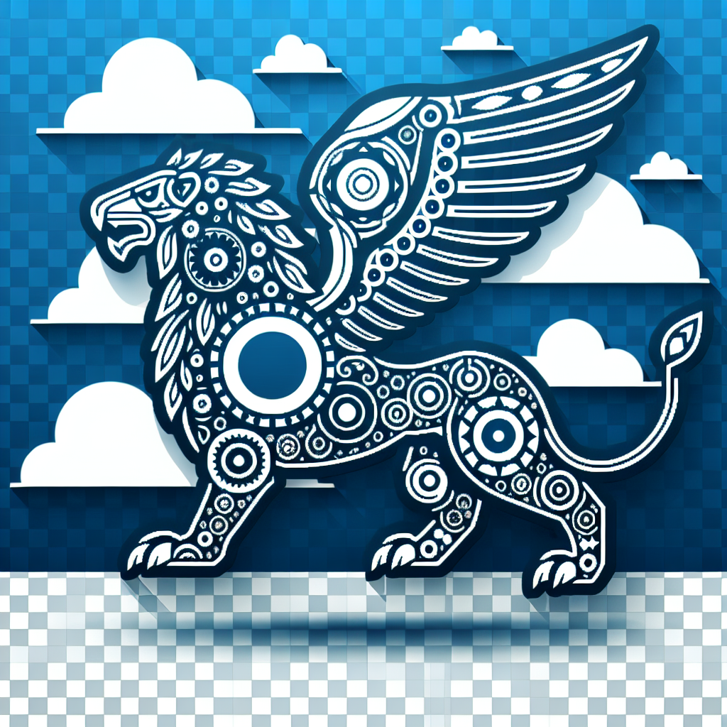 Stylized griffin with gears, wings spread, blue background with clouds.