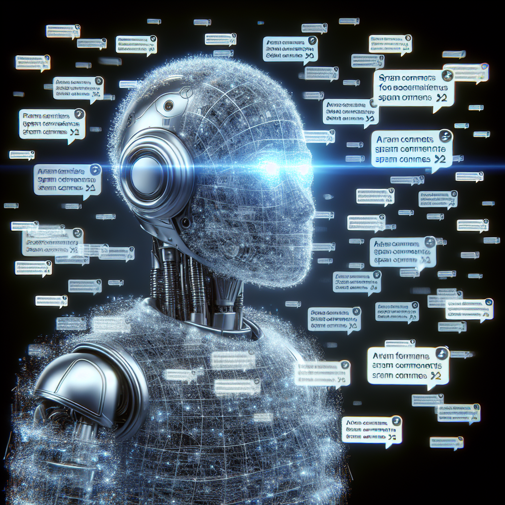 Futuristic robot with glowing eyes surrounded by text bubbles.