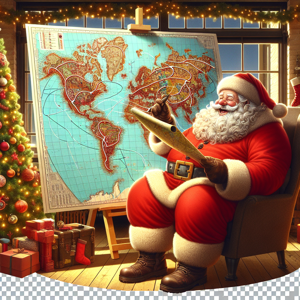 Santa in red suit checks map by Christmas tree, presents nearby.