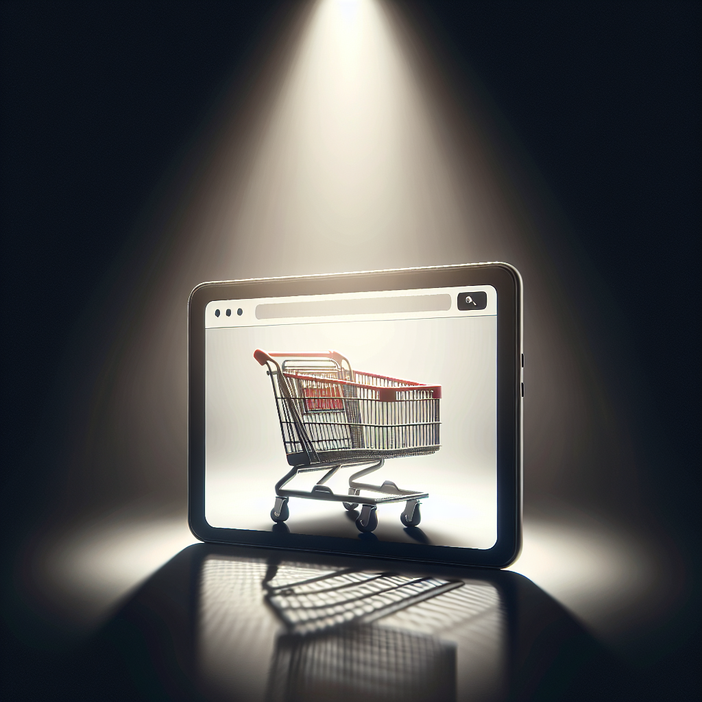 Shopping cart on a tablet standing on edge, under a spotlight