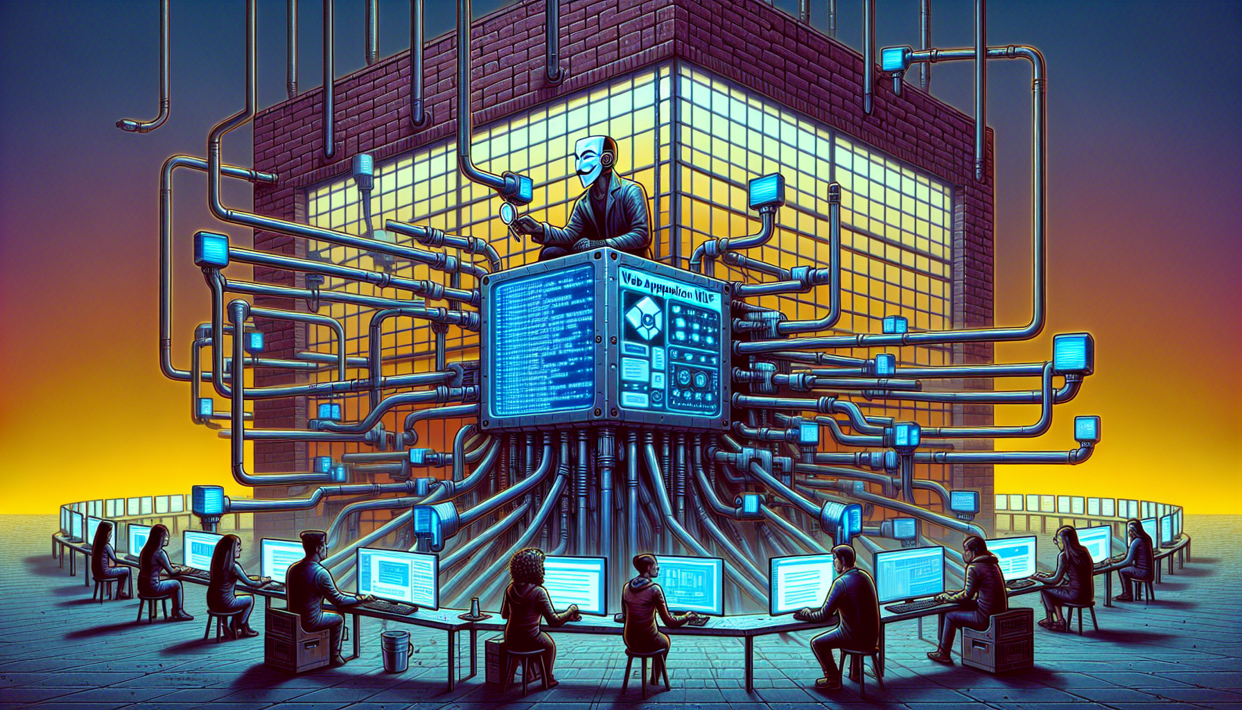 Futuristic data center with people at computers connected to a central cube.