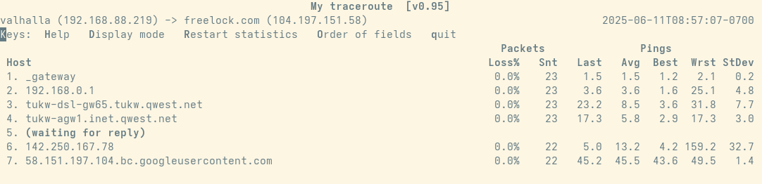 mtr output showing hops between me and freelock.com