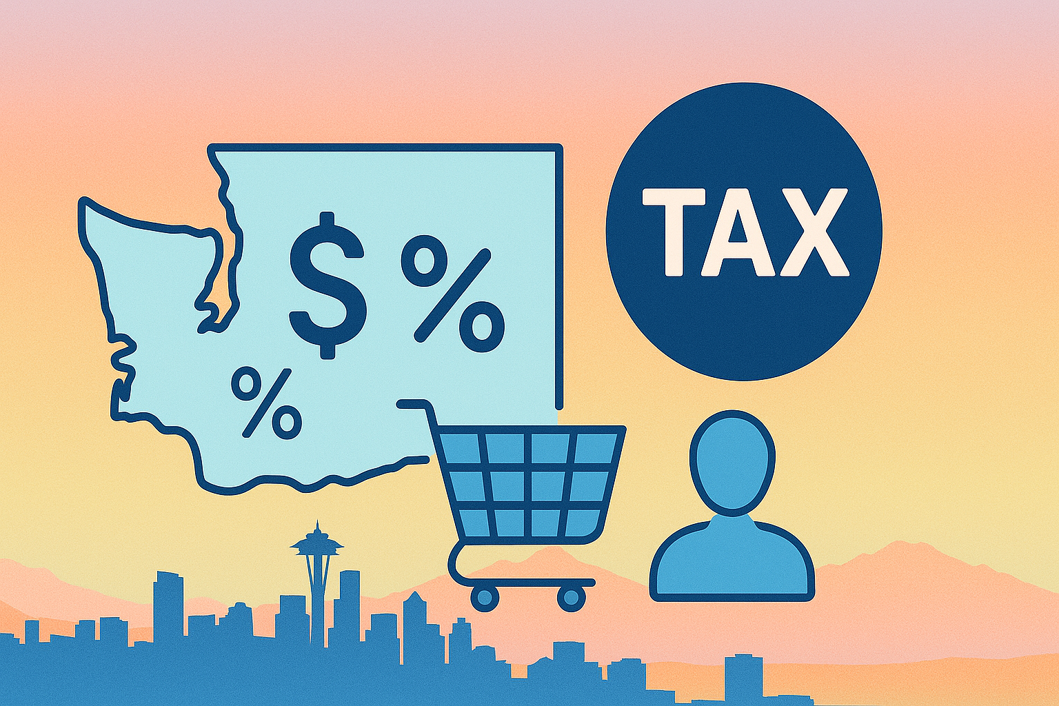 Washington state map with tax symbol over Seattle skyline.