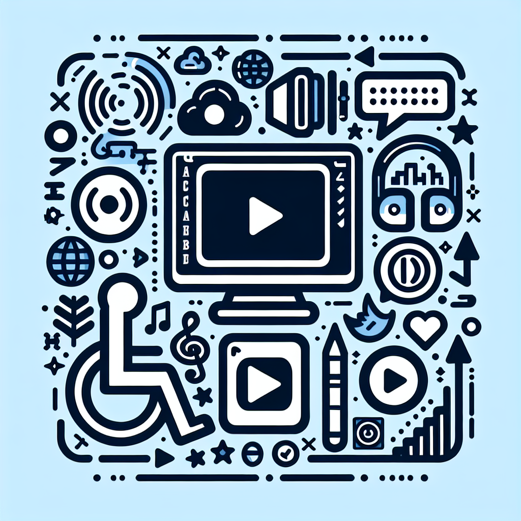 Digital accessibility icons with play buttons and tech symbols.