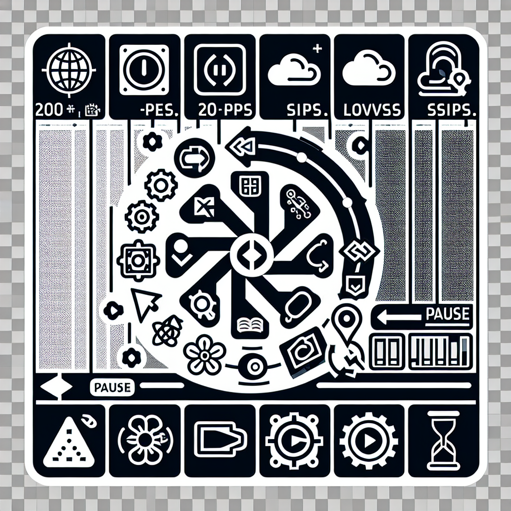 Abstract black and white graphic with various icons, gears, and symbols.