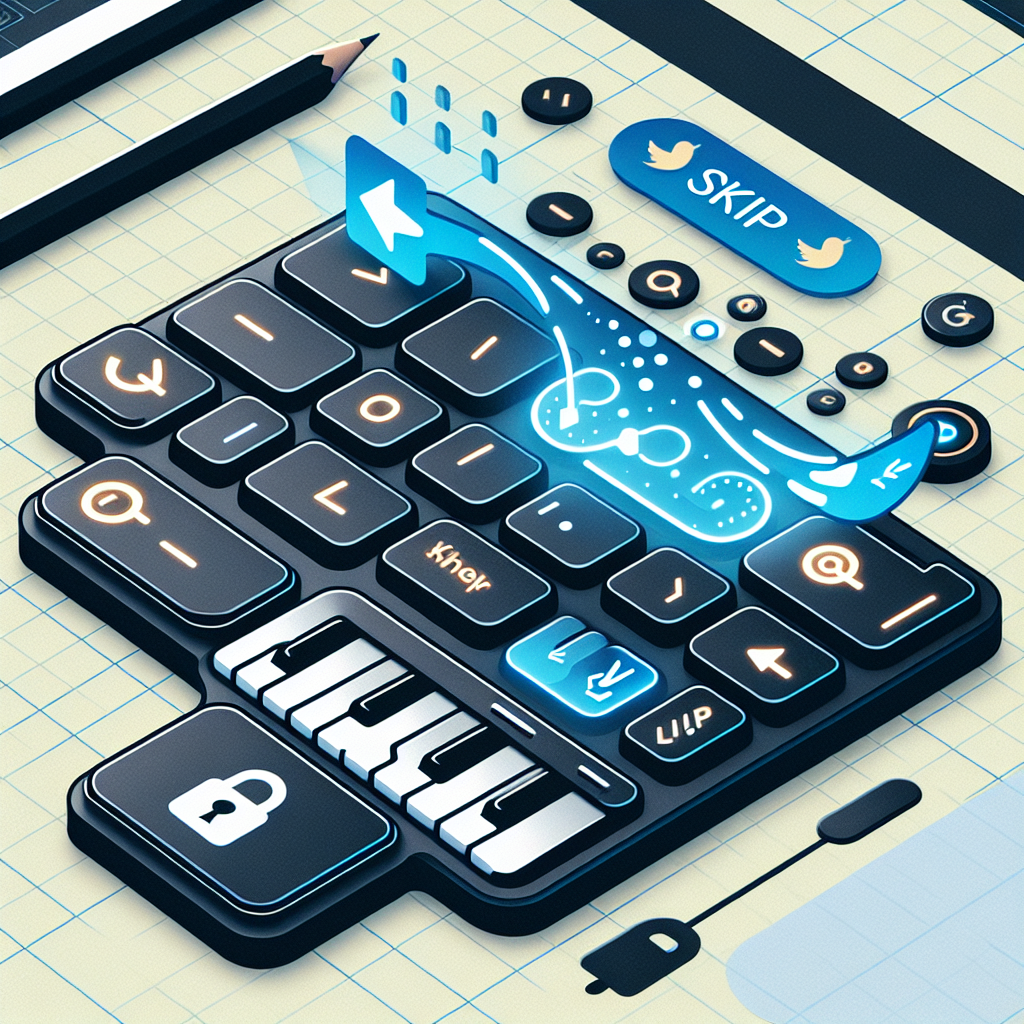 Futuristic keyboard with music and skip buttons, blue accents, pencil nearby.