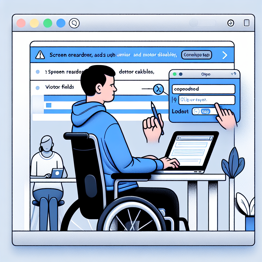 A person in a wheelchair at a desk using a laptop, set in a virtual interface.