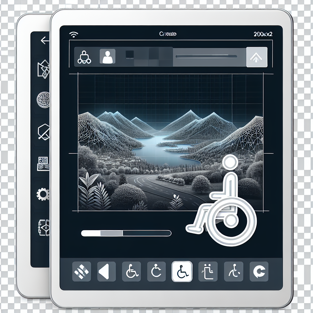 Tablet displaying a digital mountain landscape, accessibility icons at the bottom.