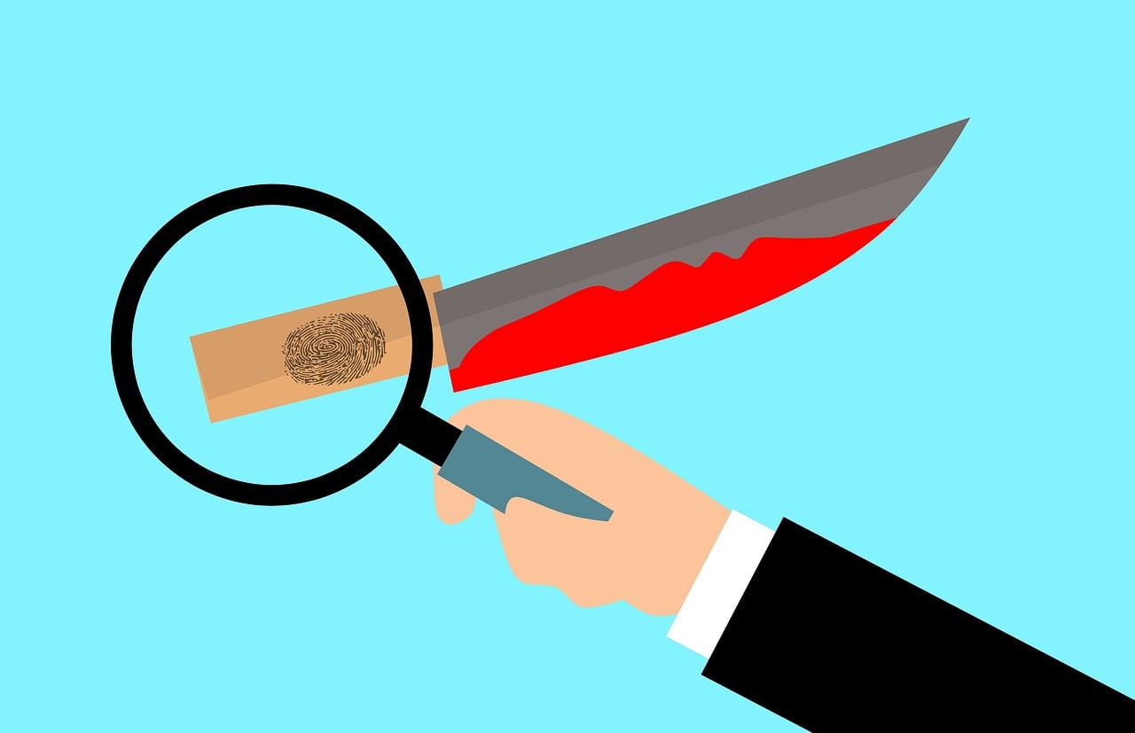 Bloody crime scene, gumshoe detective, magnifying glass, dusty office