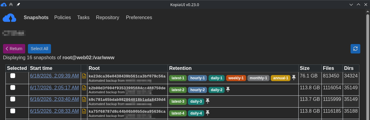 List of recent backups in Kopia backup manager