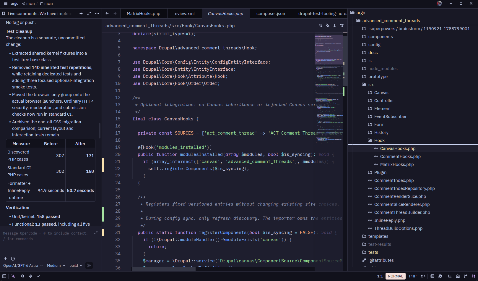 Zed editor showing AI conversation, a hook class, and project tree