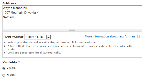 A sample display of the address view and visibility selector on the node form.