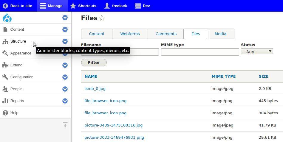 Drupal 8 Admin area