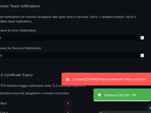 Error and success notifications on a dark interface screen.