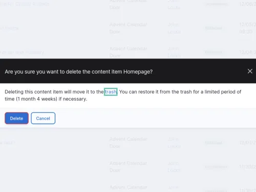 Confirmation dialog for deleting a webpage, with Delete and Cancel buttons.
