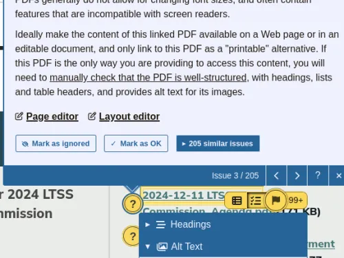 Editoria11y widgets identifying issues to check on a webpage