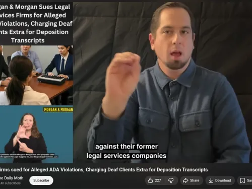 Man signing with captions, woman in inset signs, courtroom scene background with captions