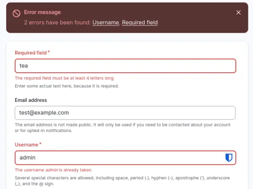 Form error message highlighting issues with username and required field.