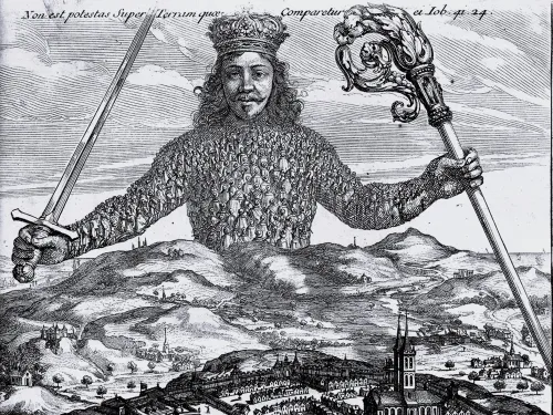 The frontispiece of Hobbes' Leviathan, showing a giant crowned figure composed of hundreds of smaller human figures