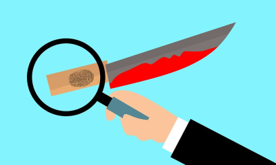 Bloody crime scene, gumshoe detective, magnifying glass, dusty office