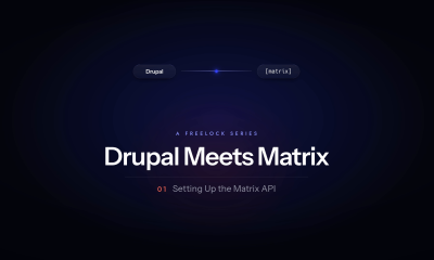 Dark presentation slide titled "Drupal Meets Matrix" with subtitle about the Matrix API.