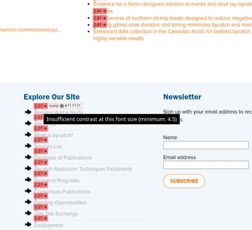 Webpage section with navigation links highlighted as not enough contrast for the text size