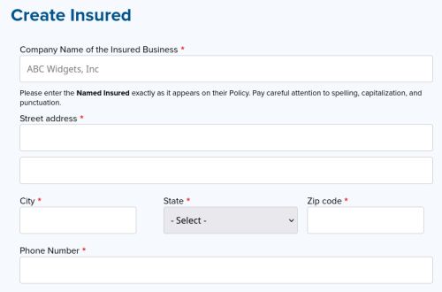 Form for entering business and contact information, including address and phone number.